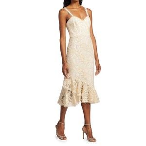 ML Monique Lhuiller Embroidered Mesh Fit-&-Flare Midi Dress 8 Flounce Hem Lace